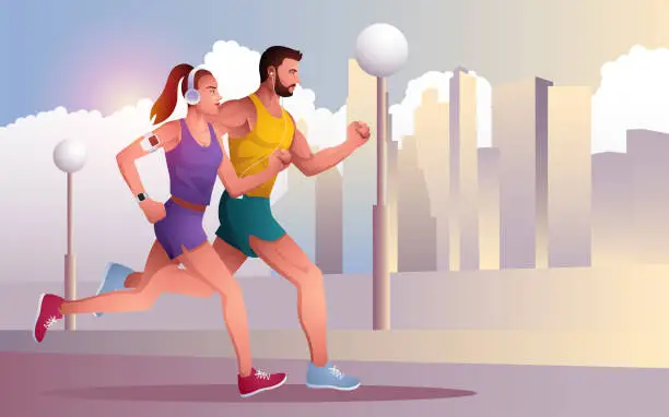 Vector illustration of Couple jogging and running outdoors with cityscape in the background