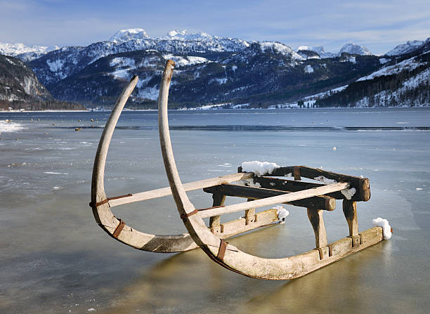 A traditional winter sled on the beautiful frozen Lake Grundlsee in the middle of the Austrian Alps one of the most stunning Nature Reserves. Nikon D3X. Converted from RAW.