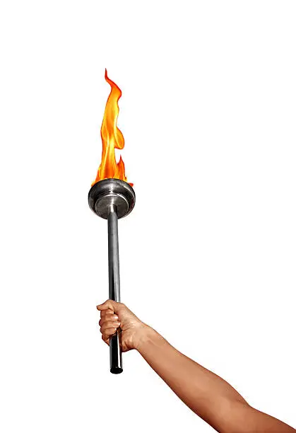 Photo of isolated holding flaming torch over white