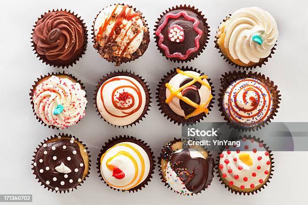 Overhead View Of Tray With Cupcakes Stock Photo - Download Image Now - Cupcake, Cake, High Angle View