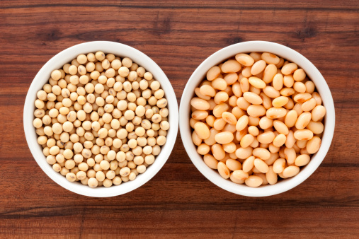 Top view of two bowls containing dried and soaked soybeans