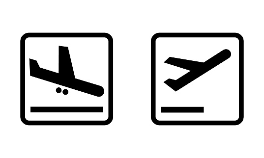 Arrivals and Departures Airport sign set. Vector illustration of Airport icons isolated on white background. Simple flat design of black take off and landing plane symbols. Information for passengers.