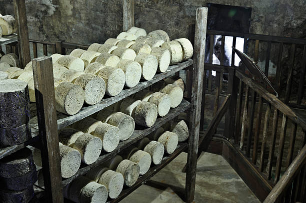 Roquefort cheeses in producer's cave Taken in one of the famous caves at Roquefort, France. Rounds of cheese, having been injected with Penicillium roqueforti to create the blue colour and characteristic taste, then the cheese are wrapped in foil and left to mature for 3-10 months. roquefort cheese stock pictures, royalty-free photos & images