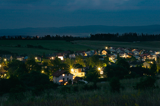 Scenic night view of the village of Nová Lesná, situated in the foothills of the Tatra Mountains in Slovakia.
