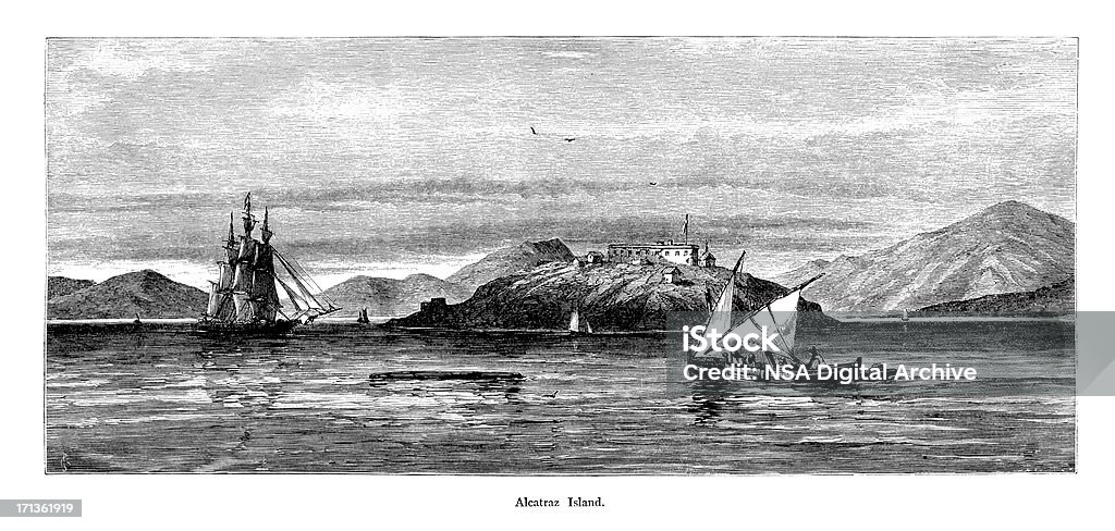 Isola di Alcatraz, California/storico illustrazioni americano - Illustrazione stock royalty-free di Acqua