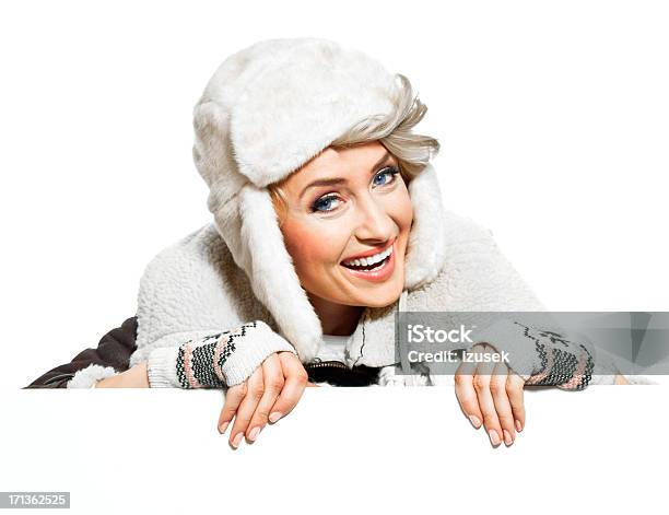 Winter Fashion Woman With Whiteboard Stock Photo - Download Image Now - 20-29 Years, 25-29 Years, Adult