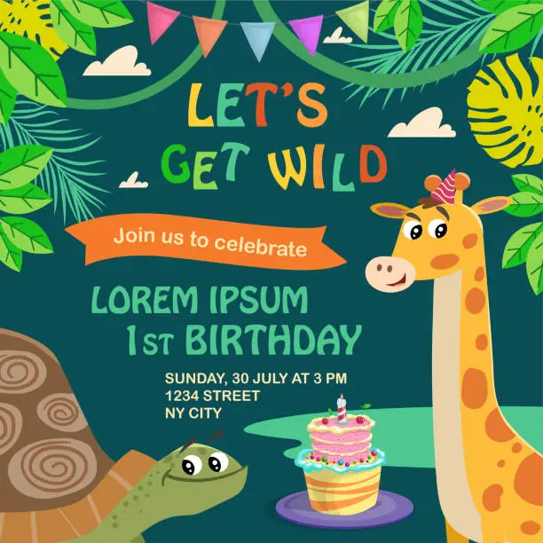 Vector illustration of Birthday greeting and invitation card design template. Cute african animals. Turtle and giraffe. Funny Jungle party. Vector illustration.