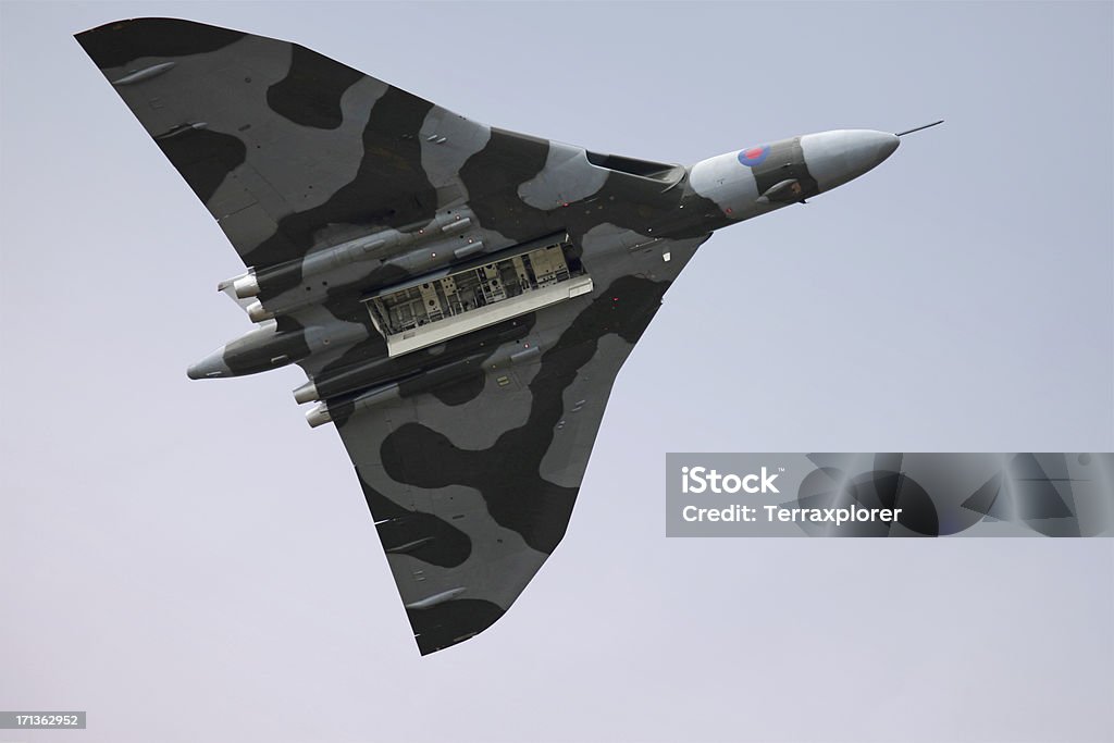 Vulcan Bomber, Royal Air Force, UK Below view of open bomb bay of bomber military aircraft. Bomber Plane Stock Photo