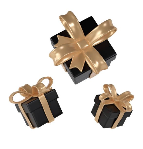 istock 3d black Friday three gift boxes icon with golden ribbon bow on white background. Render Shop Sale modern holiday. Realistic icon for present shopping banner or poster 1713631146