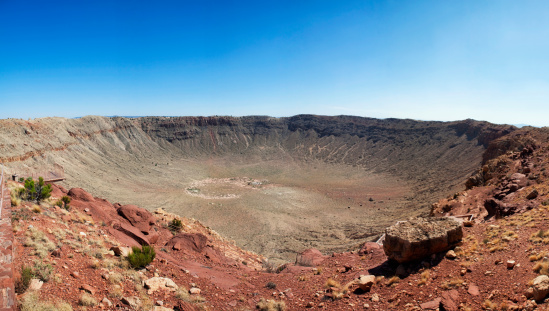 Panoramic of Barringer Meteor Crater in Arizona, USA. Multiple files stitched together. It is 4,000 ft across, 570 ft deep and the rim rises 150 ft from the surrounding landscape.