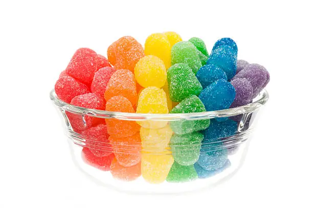 Rainbow Colored gum drop candy in a glass bowl against a white background