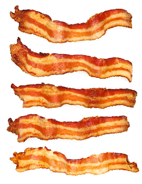 Five Bacon Slices Distinct slices of freshly cooked bacon bacon stock pictures, royalty-free photos & images