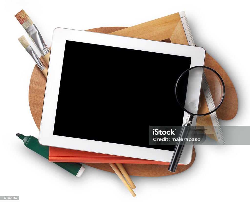 La educación. Tableta Digital con suministros escolares. - Foto de stock de Aprender libre de derechos