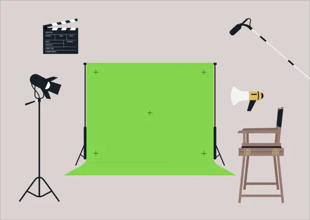 Vector illustration of A behind-the-scenes scenario featuring movie equipment: a chroma key screen, softbox lighting, a clapboard, a megaphone, and a director's chair