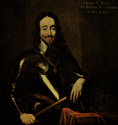 King Charles I of England from a painting after Anthony Van Dyck . Authentic vintage engraving circa late 19th century. Digital restoration -without artificial intelligence- by pictore.
