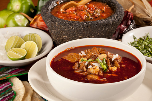 Red Pozole,Mexican cuisine,Spicy Soup with Meat and Hominy,Tex Mex Food