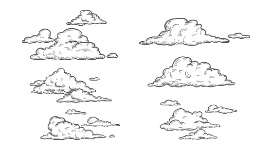 Sketch clouds. Hand drawn sky cloudscape. Outline sketching cloud vintage vector collection.