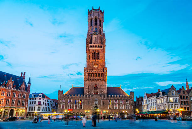 The Belfry of Bruges, Belgium at night.