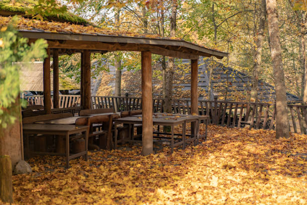 istock Autumn scenic wooden cafe pergola 1713653948