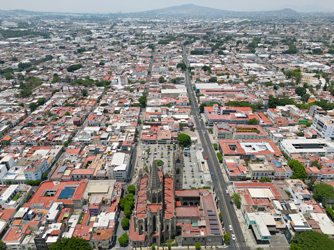Horizontal Aerial View: Captivating Panorama of Guadalajara's Downtown Featuring Templo Expiatorio