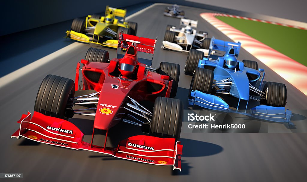 Formula One cars racing This is a unique design 3d modelled brandless, generic Formula one cars. All branding is fictious and made up. This vehicle is not based on any existing model. Racecar Stock Photo