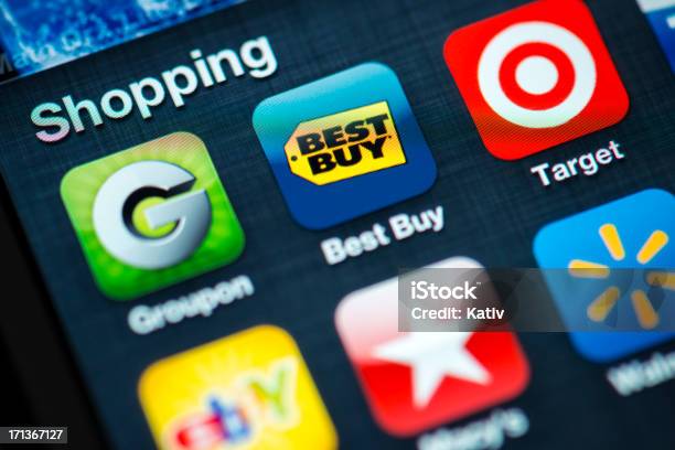 Shopping Apps On Apple Iphone 4s Screen Stock Photo - Download Image Now - Brand Name, Business Finance and Industry, Communication