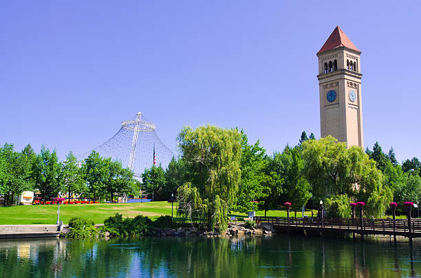 A clock tower at Riverfront Park in Spokane on a sunny day
