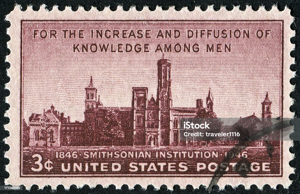 Smithsonian Institution Stamp "Cancelled Stamp From The United States Featuring The Smithsonian Institution In Washington DC, USA." Smithsonian Institution Stock Photo