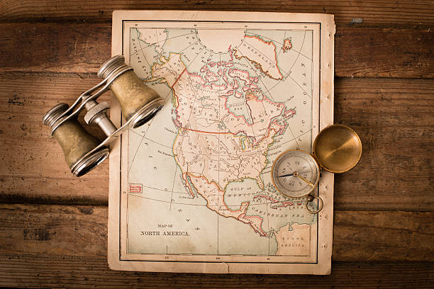 istock Antique 1870 Map of North America, Binoculars, and Compass 171367435