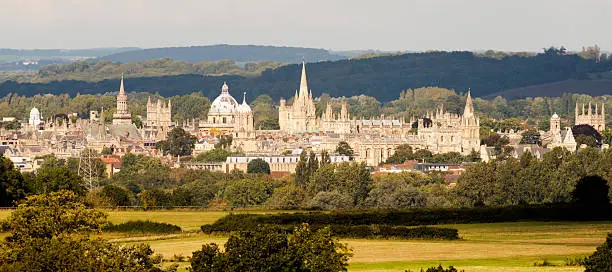 The city of Oxford viewed from across the countryside, England