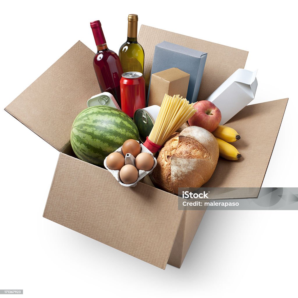 Картонная коробка с продуктами - Стоковые фото Супермаркет роялти-фри