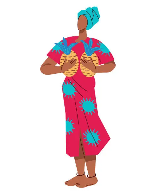 Vector illustration of Beauty of an African woman holding pineapples, flat vector on white.