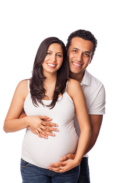 happy pregnant couple - pregnant isolated on white stockfoto's en -beelden