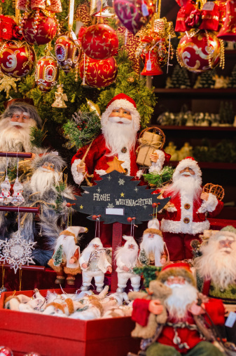Santa Claus and Christmas Balls at a stall at the famous Nuremberg Christmas Market