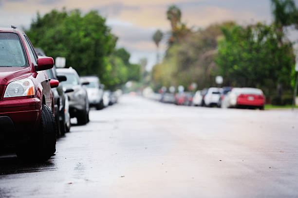Parked cars on twilight street