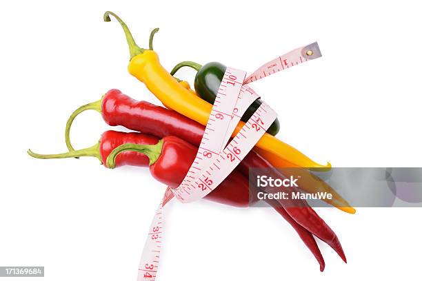 Chili Peppers And Measuring Tape On White Stock Photo - Download Image Now - Chili Pepper, Concepts, Concepts & Topics