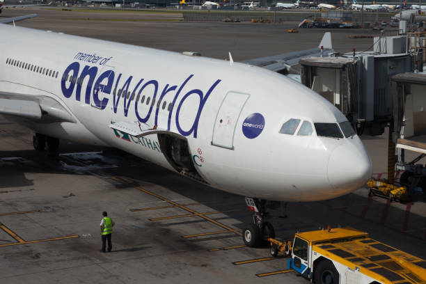 oneworld alliance - airbus named airline horizontal airplane fotografías e imágenes de stock