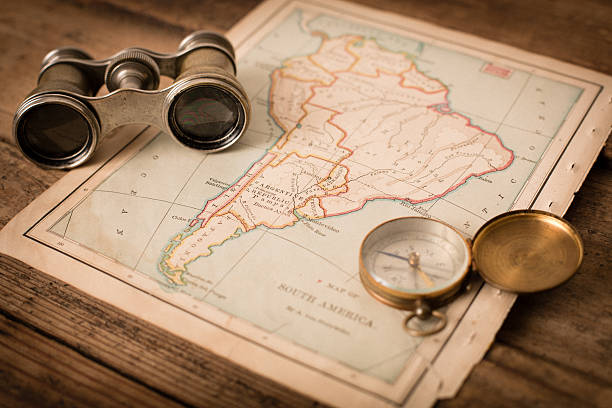 istock Antique 1870 Map of South America, Binoculars, and Compass 171371045