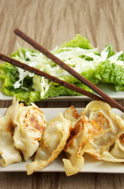 Pot Stickers with Salad stock photo