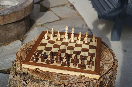Game of chess and pieces in the backyard, chess in nature.