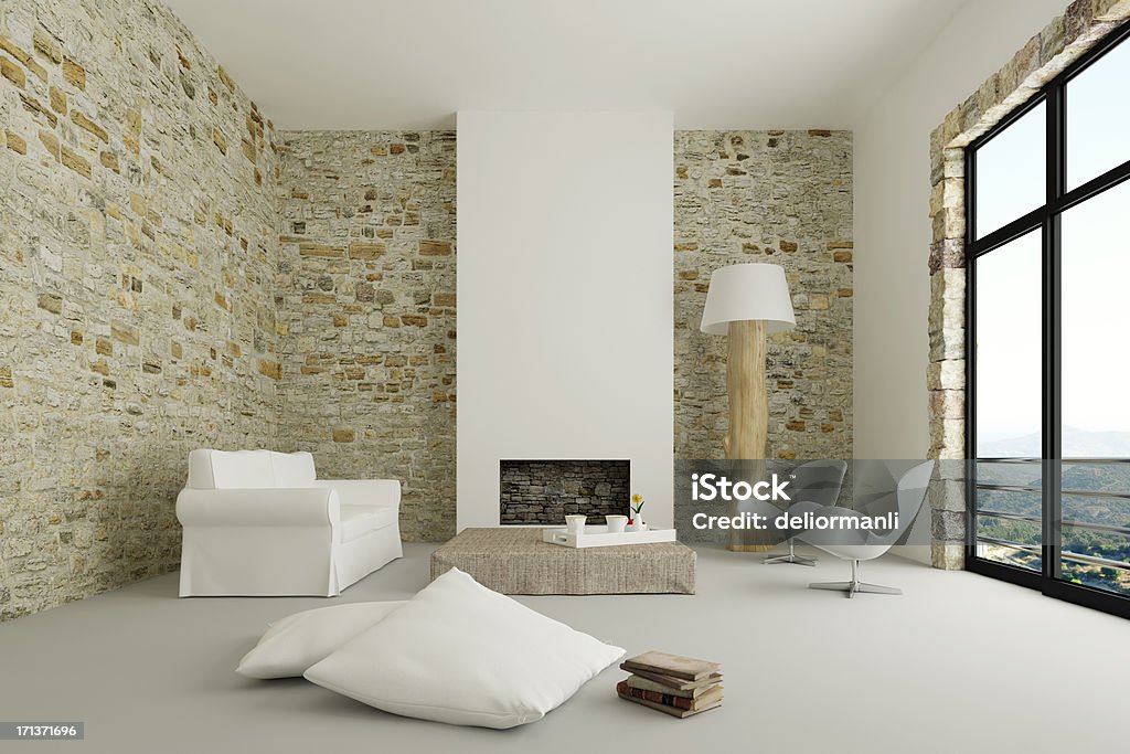 Interior moderno de sala de estar - Foto de stock de Chimenea - Construcción para calentarse libre de derechos