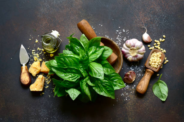 istock Ingredients for making traditional italian sauce pesto. Top view. 1713718183