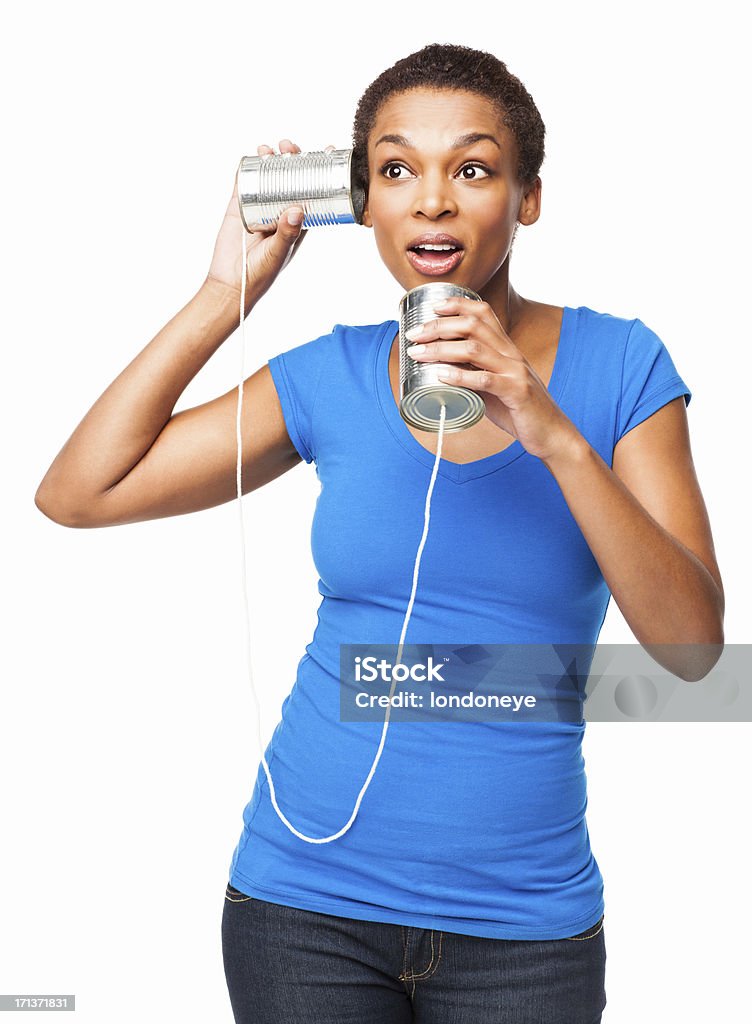 Любознательный афро-американских женщина-изолированные - Стоковые фото Телефон из консервных банок роялти-фри