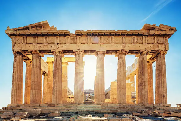 The Parthenon on the Athenian Acropolis in Sunlight. The Temple is dedicated to the Greek Goddess Athena. Athens, Greece.