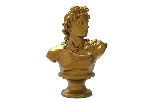 Golden bust sculpture of Apollo Belvedere isolated over white with clipping path.