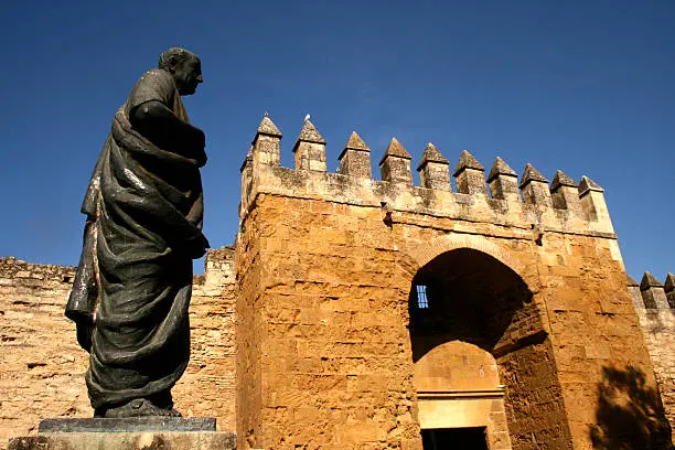 SAneca en la Puerta de AlmodAvar de CArdoba.Hispano-roman philosopher born in Cordoba in the fourth century BC.