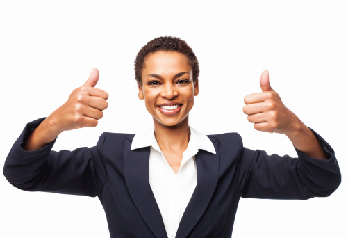 Portrait of a successful African American businesswoman giving a double thumbs up. Horizontal shot. Isolated on white.