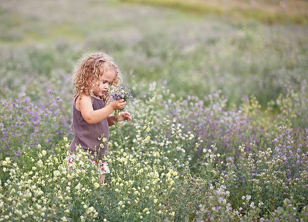 Girl boy blowing dandelion seeds outside in garden meadow.