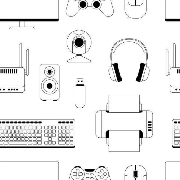 Vector illustration of Pattern with computer equipment. Gaming technology and work devices.