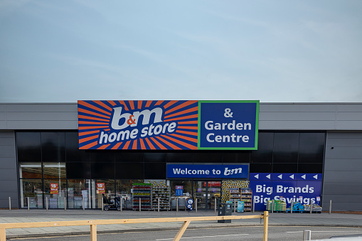 Stoke-on-Trent, Staffordshire-United Kingdom October, 02 , 2023 B and M Hanley home store and garden centre signage